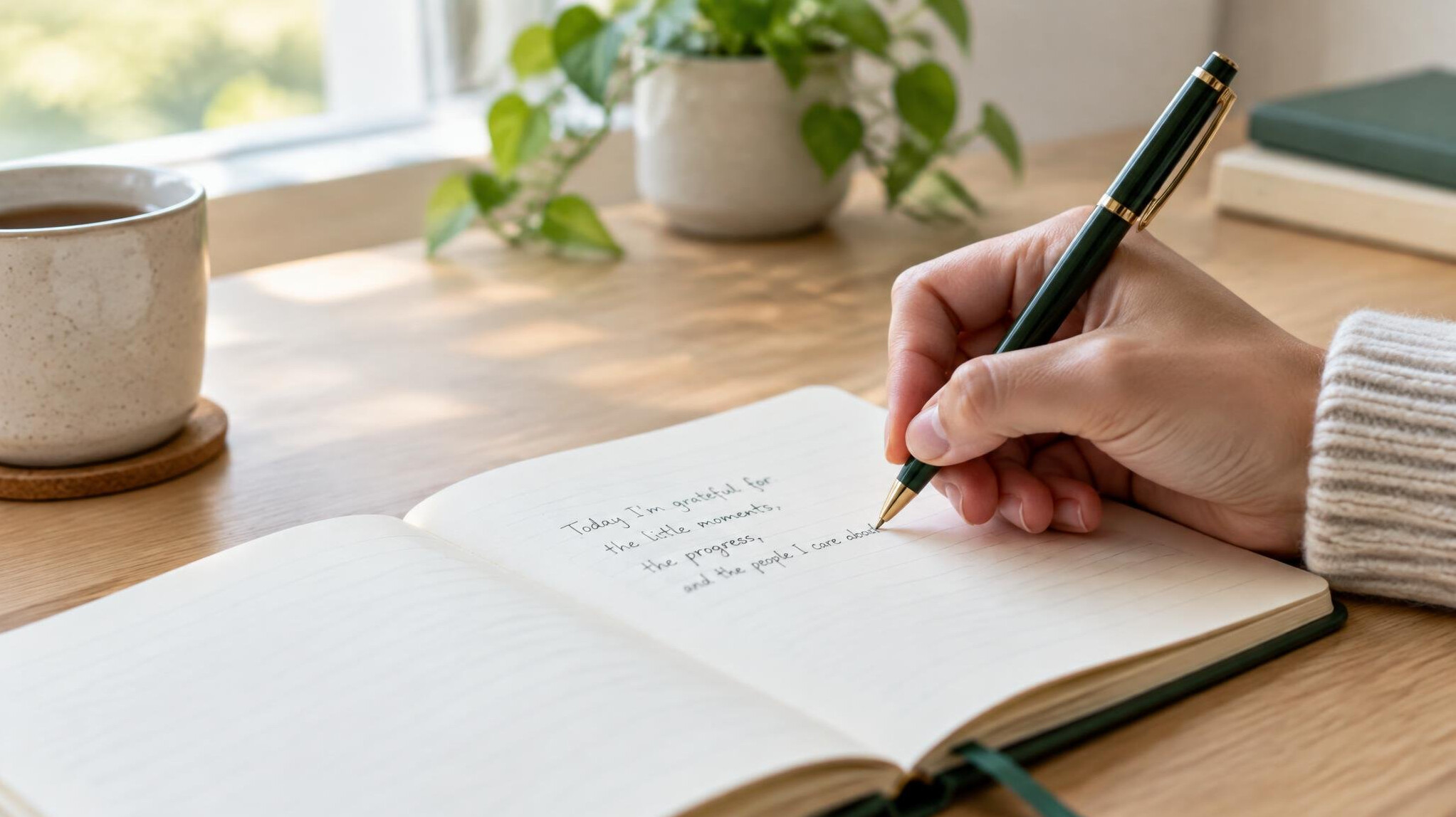 Hand writing in an open notebook with a pen