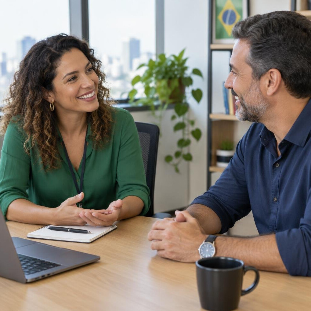 Two professionals talking in a friendly meeting