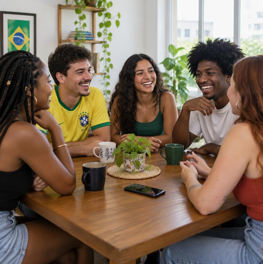 Friends and colleagues talking together around a table