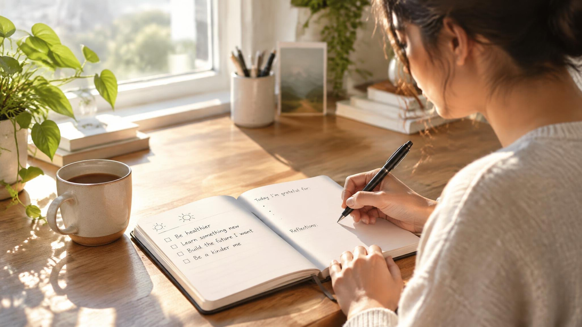 person journaling in morning light