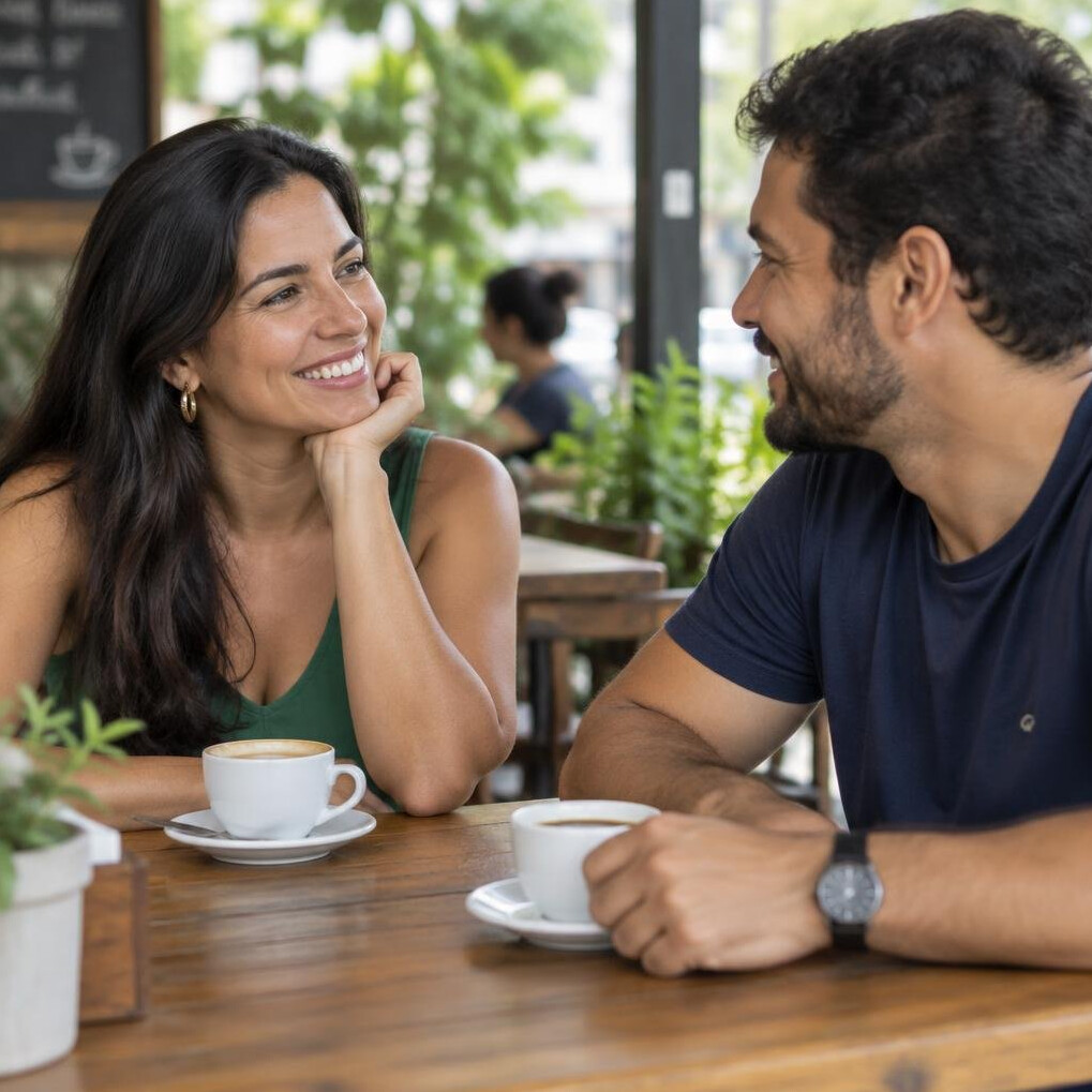 Two people having a friendly conversation at a table