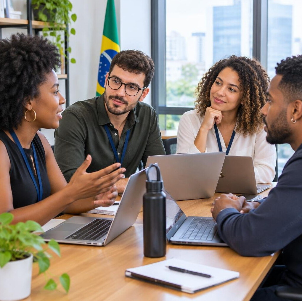 Group of colleagues listening in a meeting with laptops
