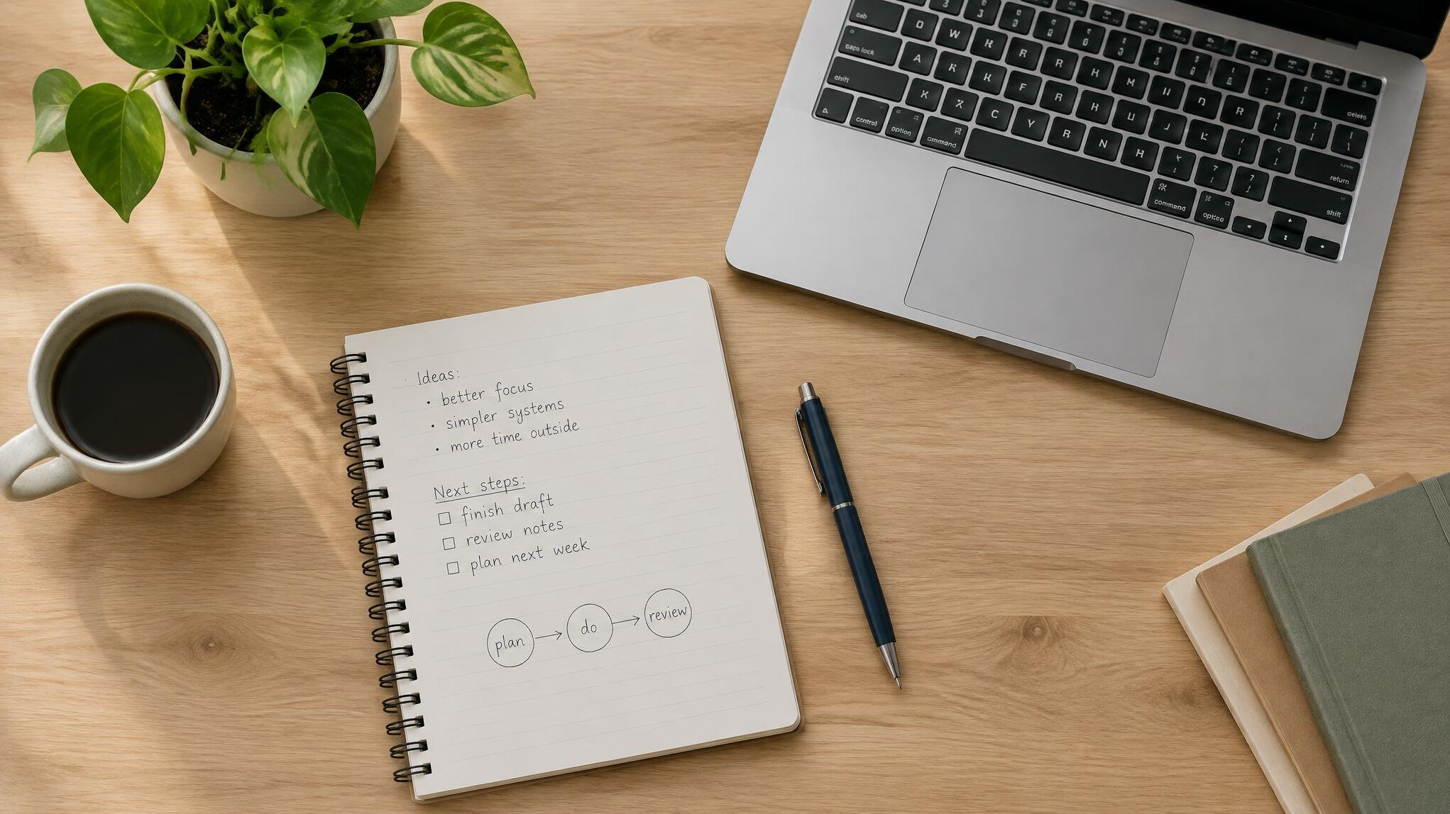 Notes and pen on a desk next to a laptop