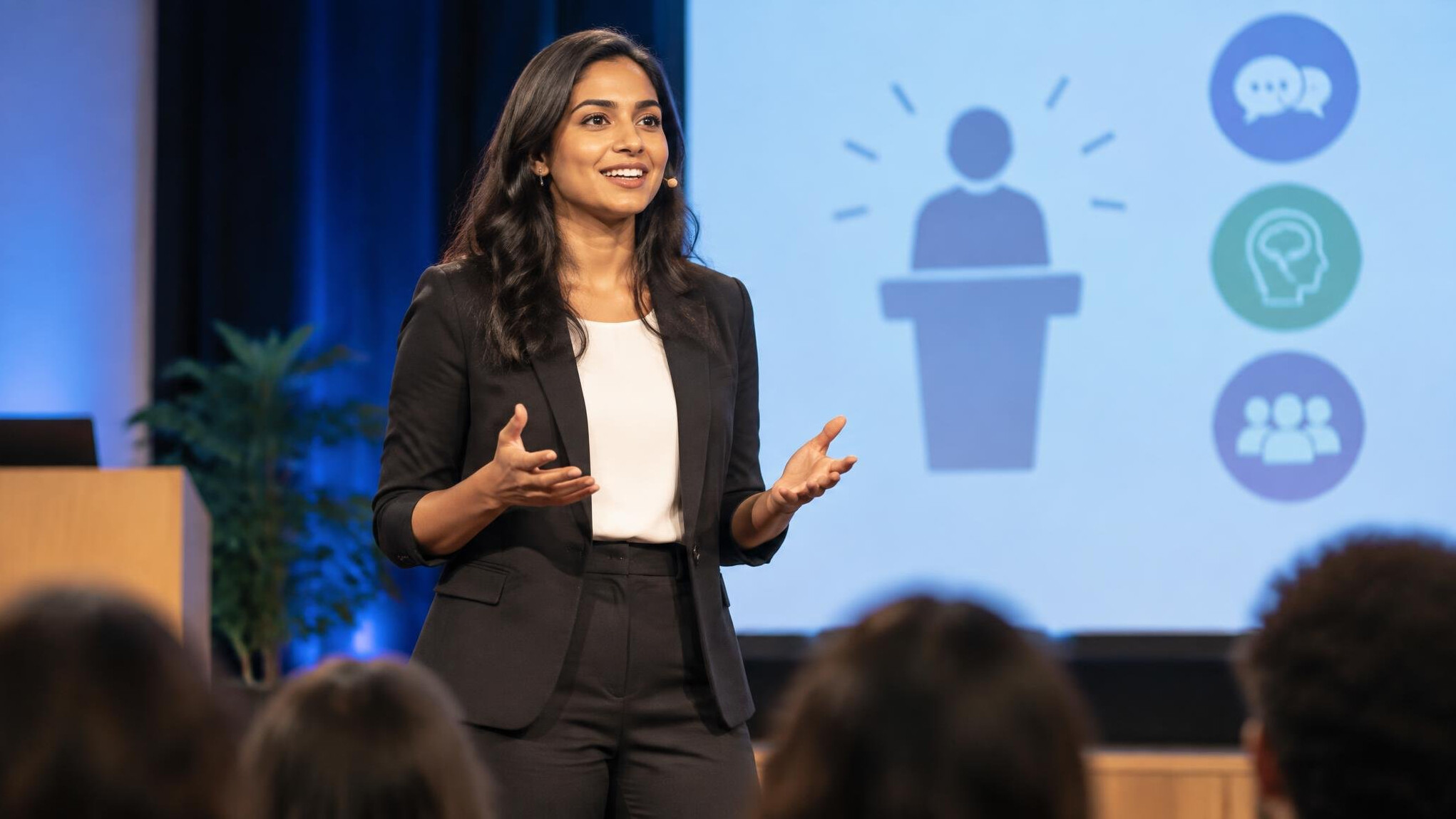 person speaking confidently on stage